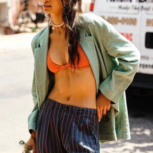 NWT Free People Aureta Carrie Linen Blend Double Breasted Oversized Blazer Green